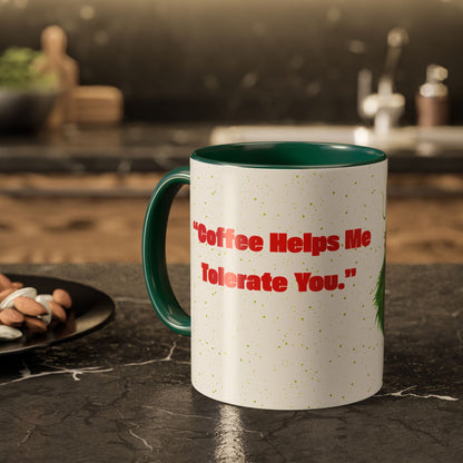 Grumpy Green Character Mug — Funny Holiday Coffee Cup (11oz/15oz)