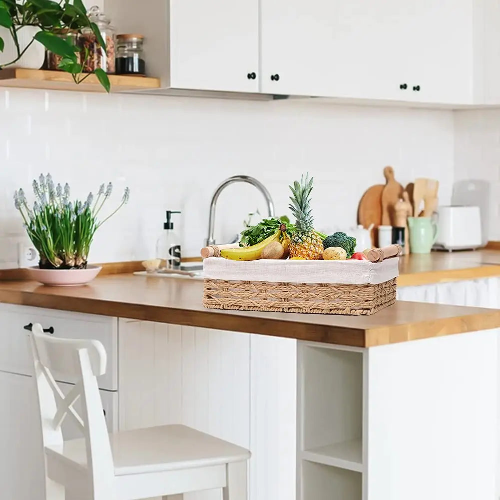 Hand woven Rattan Storage Basket With Cotton Lining 2Pcs